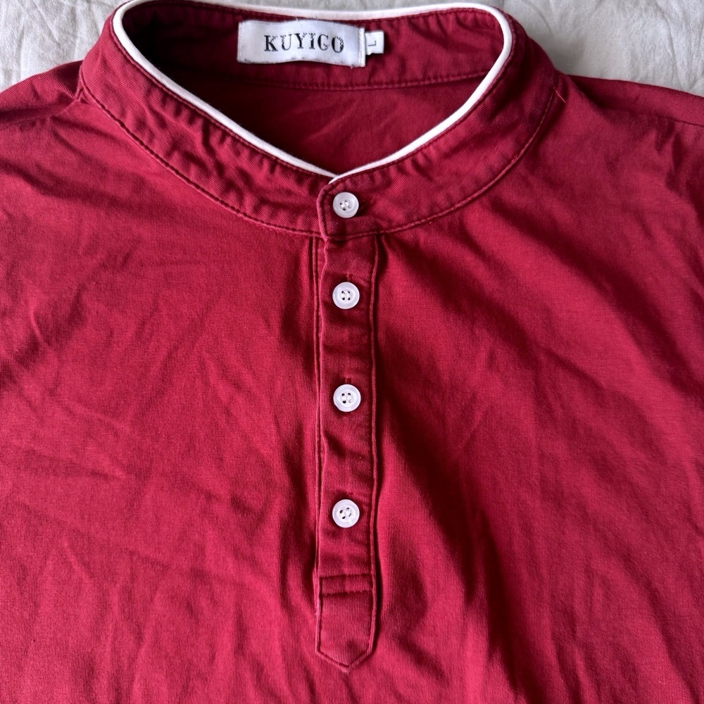 KUYIGO Mens Mandarin Collar Long Sleeve Casual Slim Fit Polo T Shirt Red